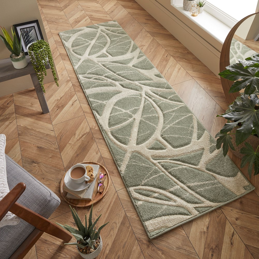 Portland 57 G Abstract Carved Runner Rugs in Green Cream